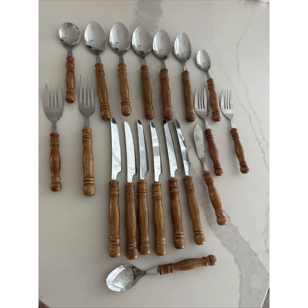 Wood Handle Cutlery Set Stainless Steel Flatware 19-Piece Replacement